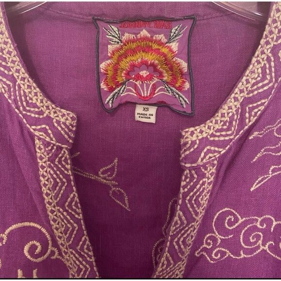 Johnny Purple Embroidered 100% Linen Tunic Blouse, Size XS, Boho Casual - Picture 7 of 7